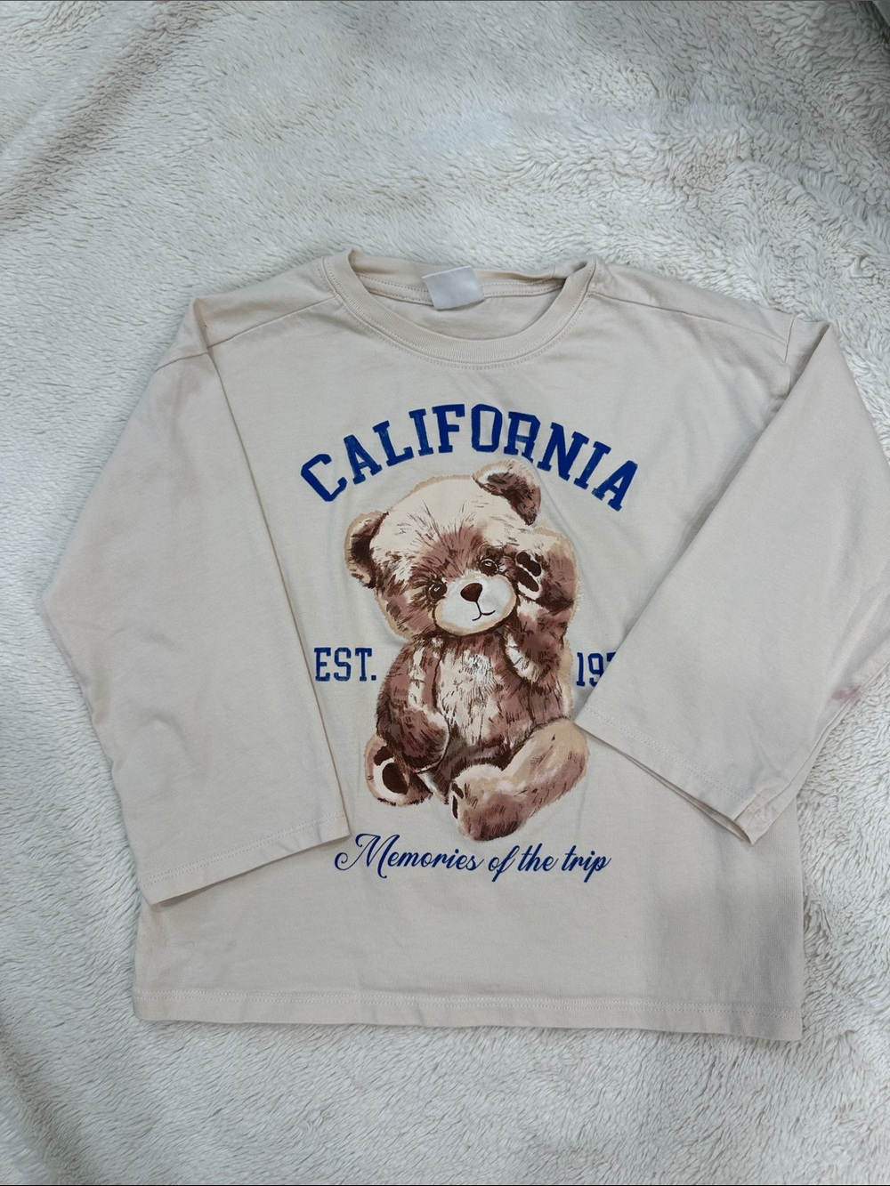 Zara Cream Long-Sleeve Tee with Brown Teddy and Blue Text